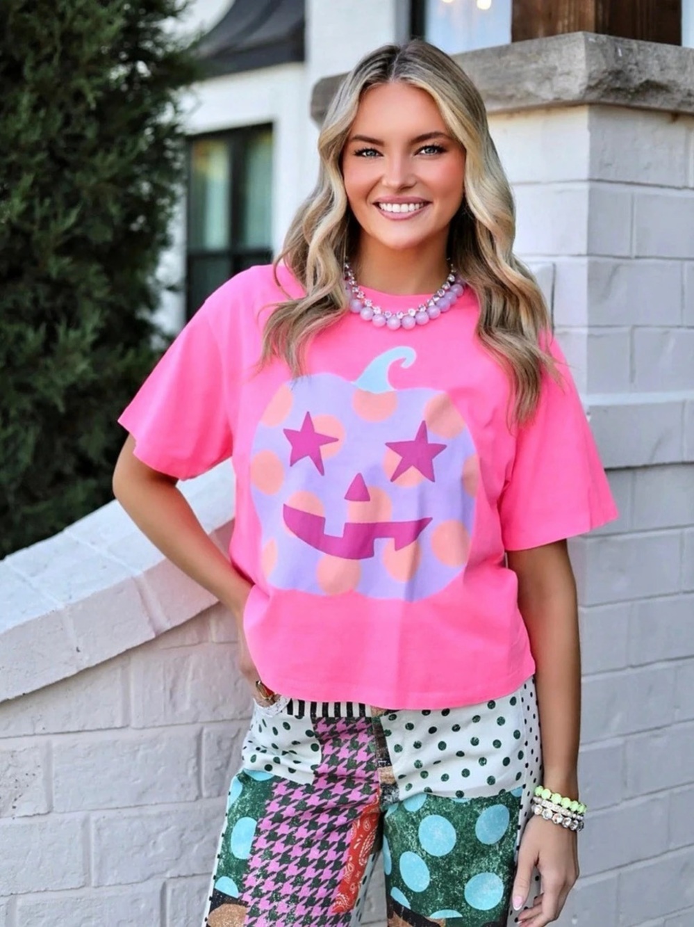 💗🎃NWT Poppy & Pine Polka Dot Jack-O-Lantern Neon Pink Crop Tee🎃💗